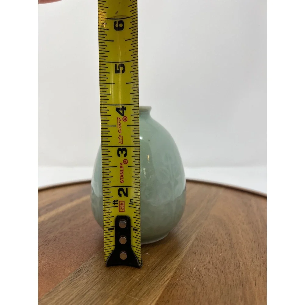 Celadon Bud Vase Embossed Floral Design Small Ceramic‎ Tabletop Decor